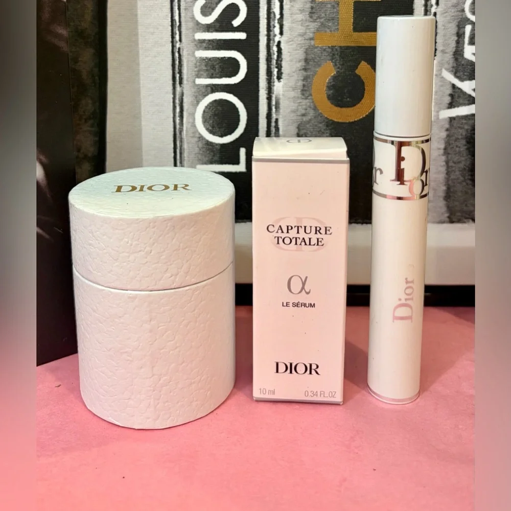 NWT DIOR BEAUTE Cream/Pink 100% Silk Scarf/Serum/Maximizer 3D Mascara Primer